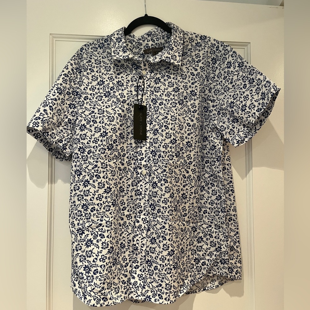 NWT Slate & Stone Blue Tribal Floral Printed Poplin Shirt